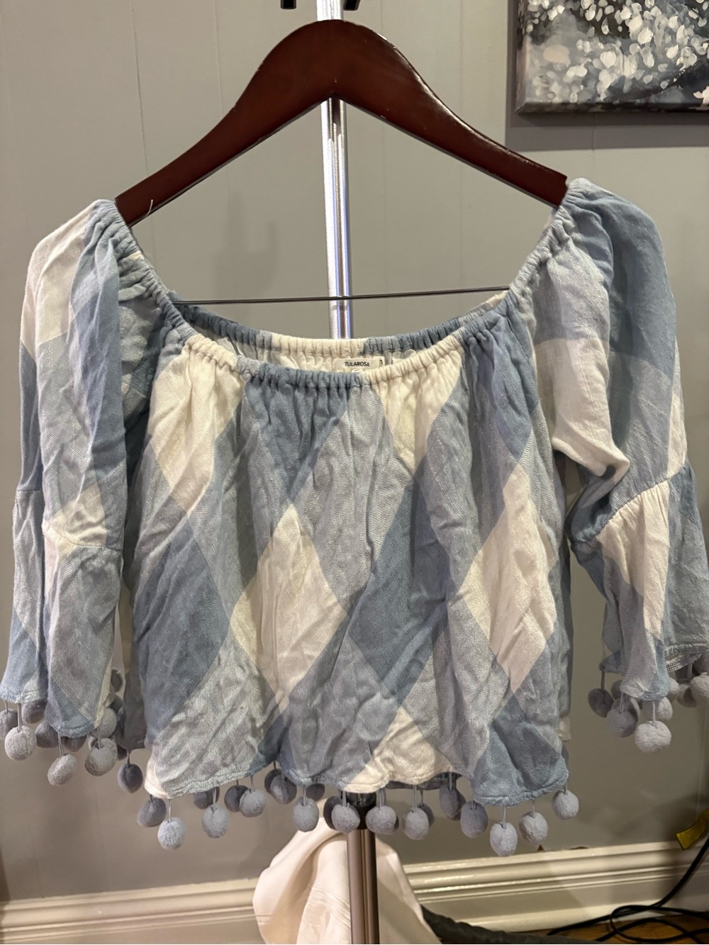 Tularosa Light Blue & White Off-Shoulder Pom Pom Crop Top